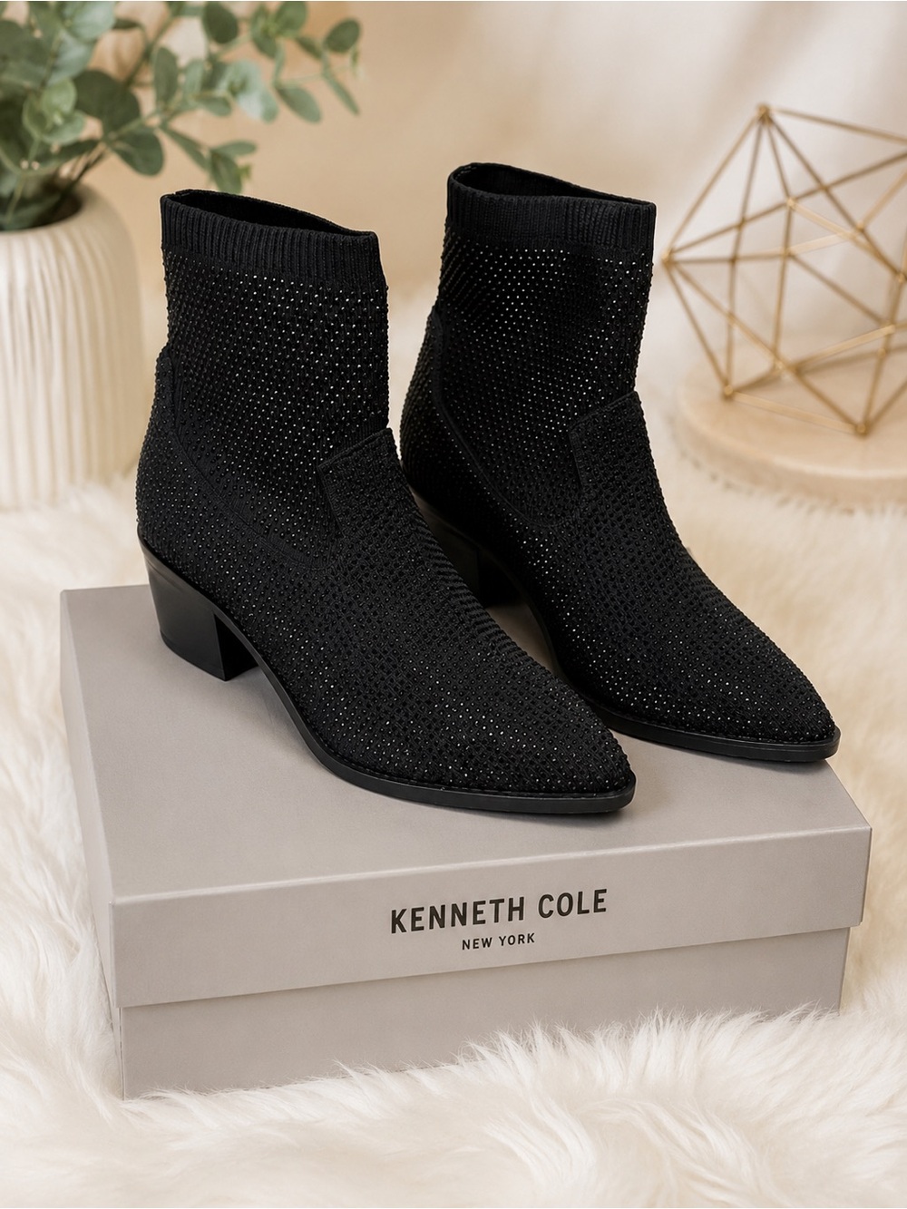 Reaction Kenneth Cole Jess Black Ombre Knit Rhinestone Ankle Boots Women’s 7